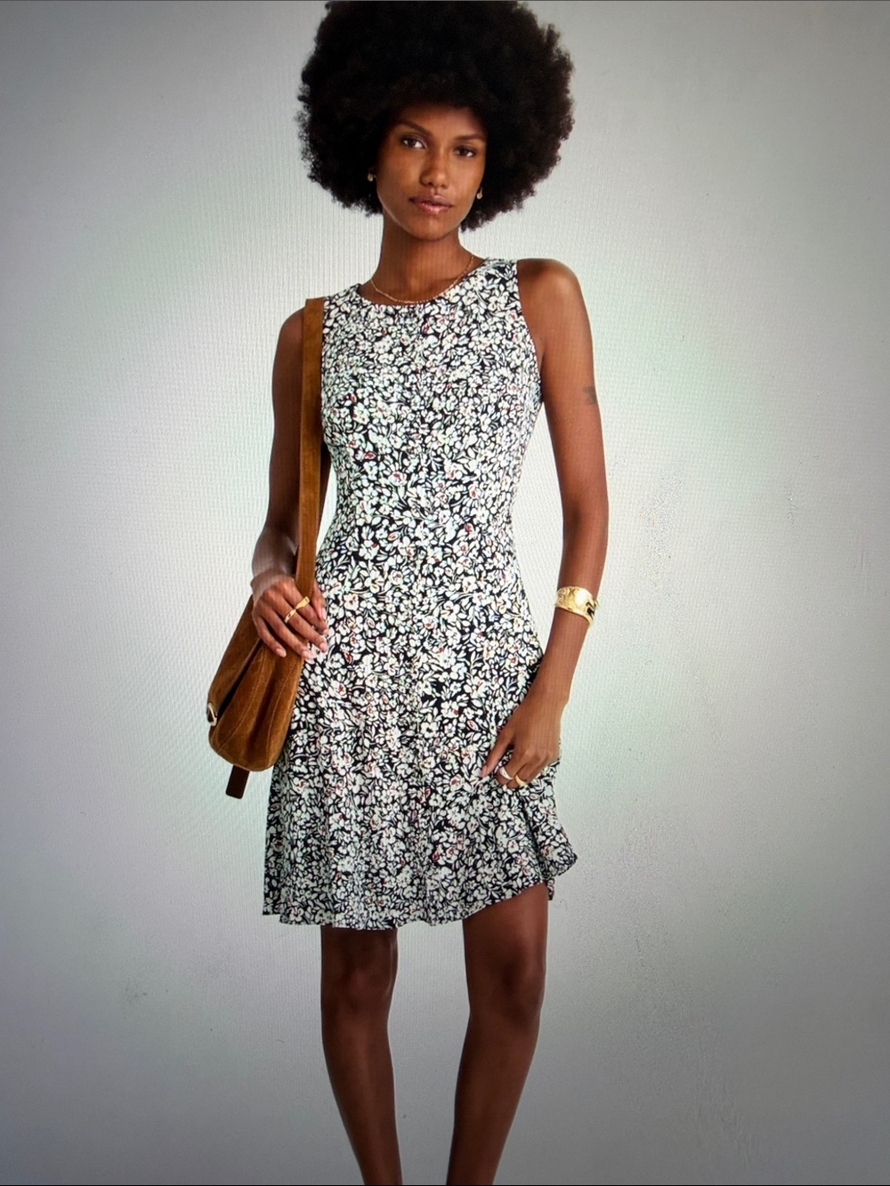 Madewell Black Floral Fit-and-Flare Dress with White and Pink Accents